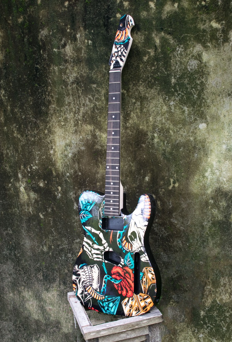 Guitar wrap installed on the front of a Telecaster body